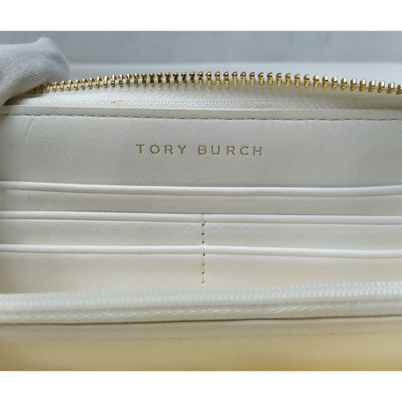 Tory Burch Gemini Ivory Gray Coated Canvas Link Stripe Zip Around Wallet - Picture 12 of 16